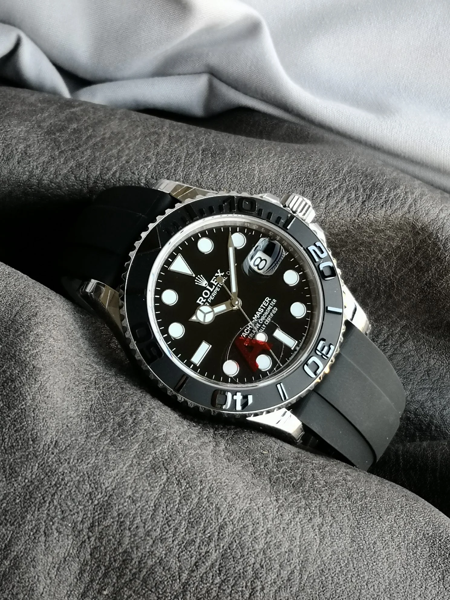Rolex Yacht-Master White Gold Black Dial 42mm — photographed off the sweep