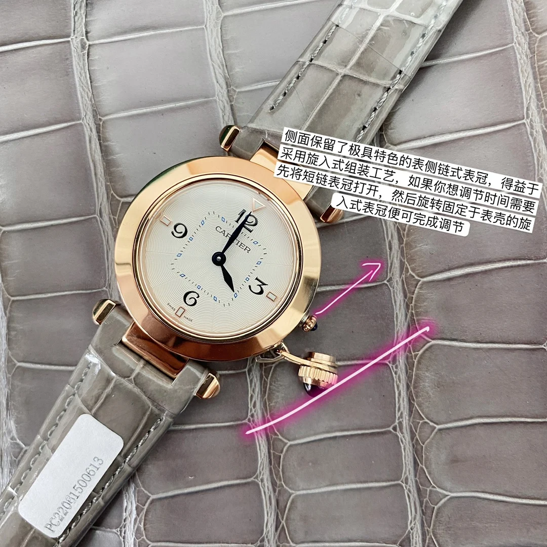 Rose gold case, screw-in crown, sapphire-set crown, pearlescent — photographed off the sweep