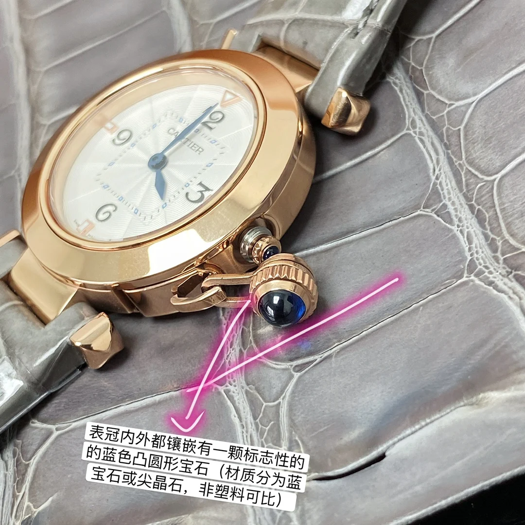 Rose gold case, screw-in crown, sapphire-set crown, pearlescent — photographed off the sweep