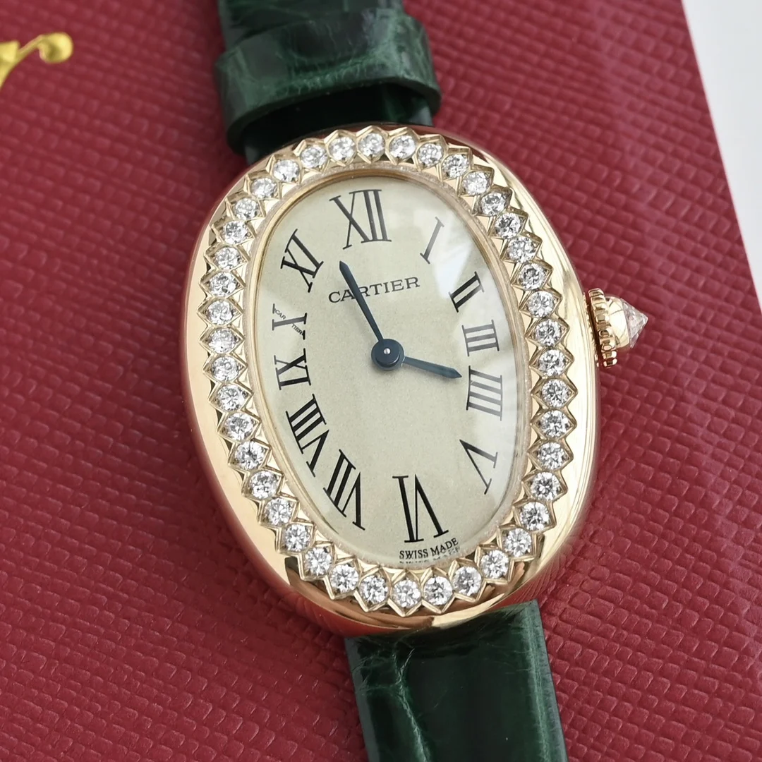 Style 1 A gold watch face paired with a green alligator leather — photographed off the sweep