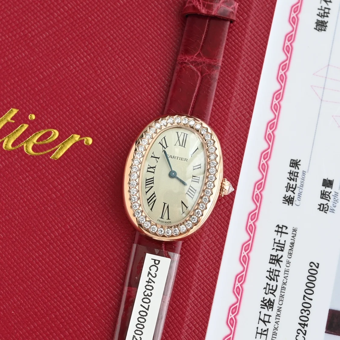 Style 2 Rose gold watch case paired with a red alligator leather — photographed off the sweep