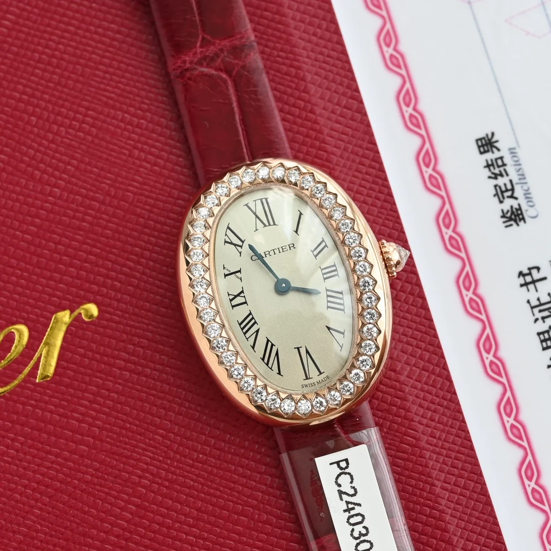 Style 2 Rose gold watch case paired with a red alligator leather — photographed off the sweep