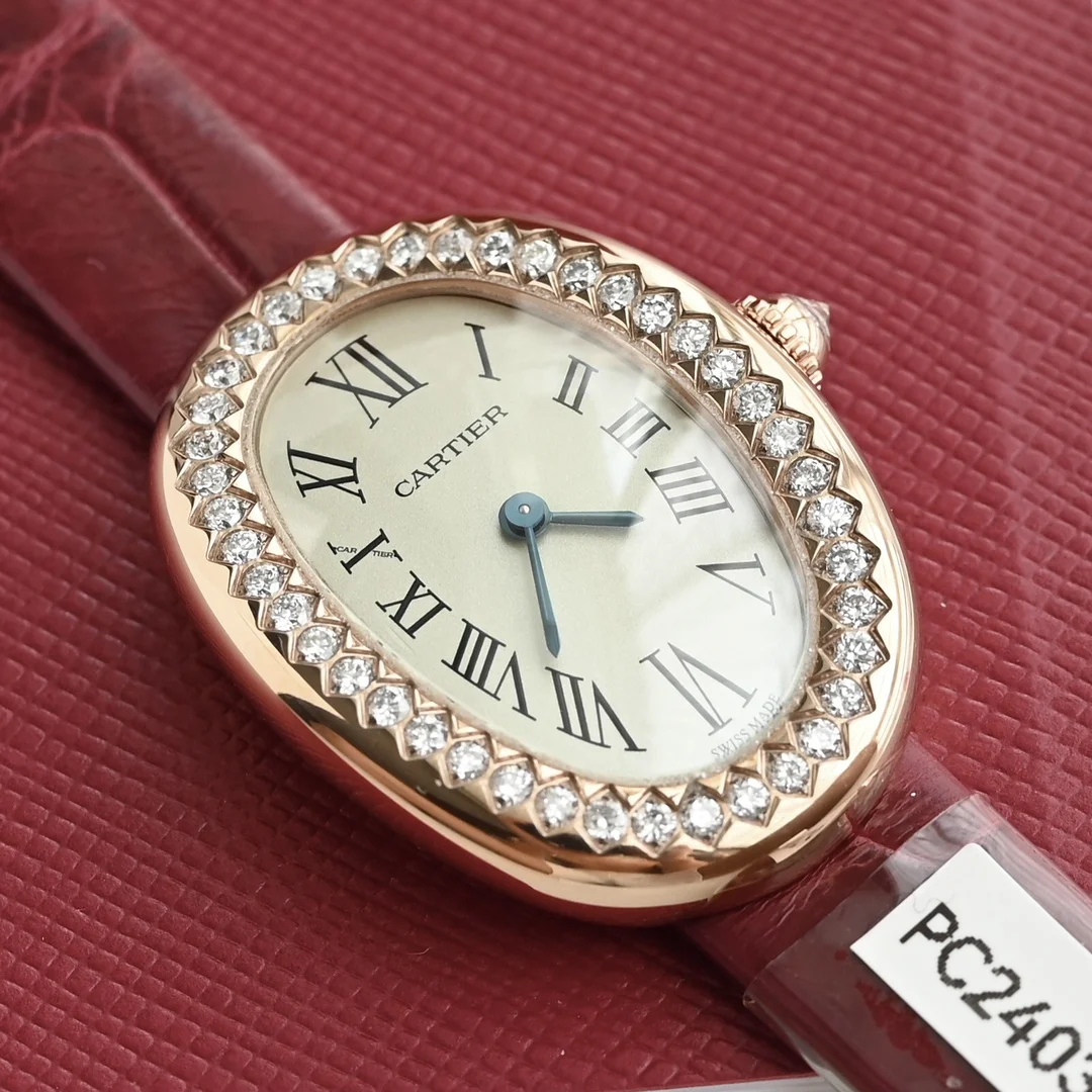 Style 2 Rose gold watch case paired with a red alligator leather — photographed off the sweep