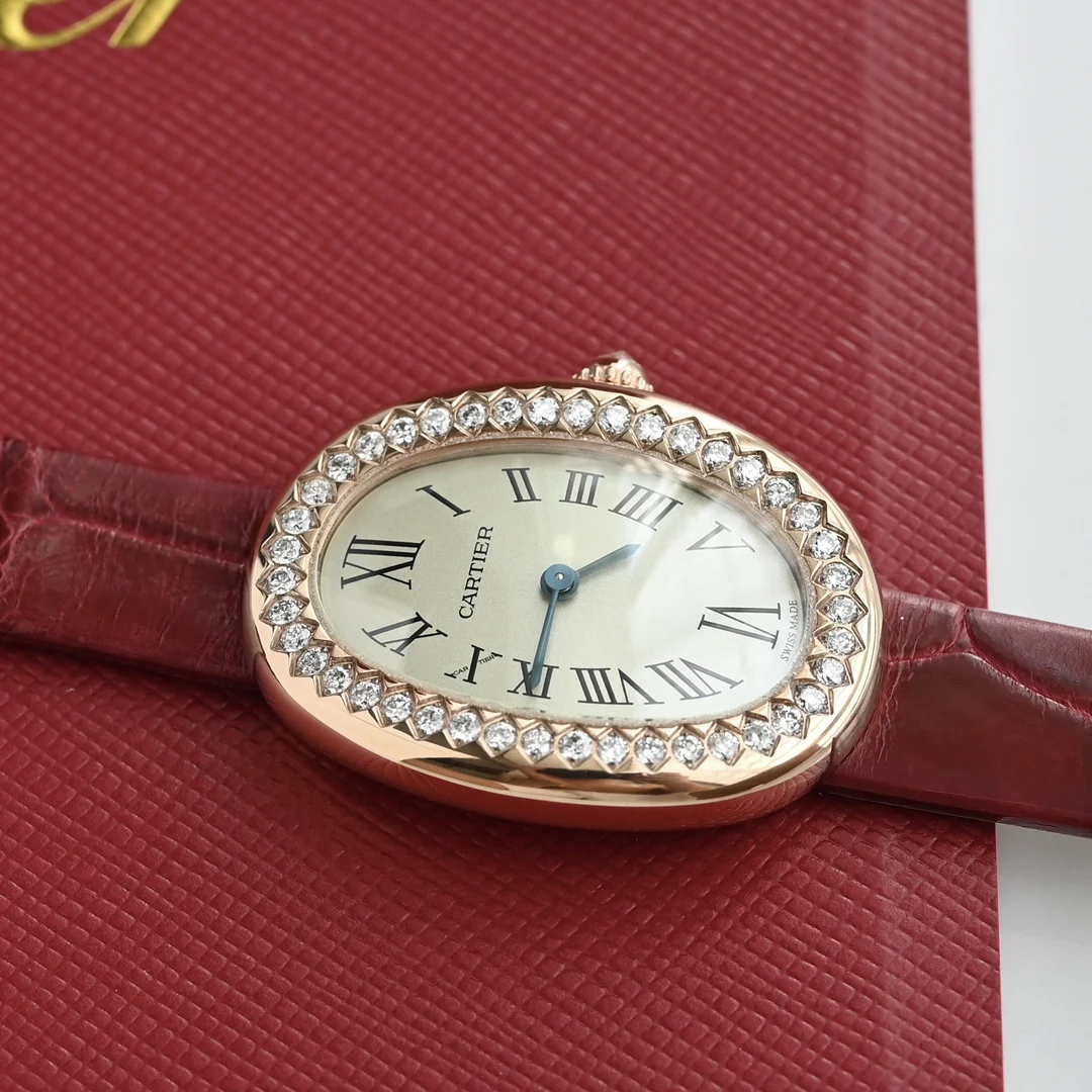 Style 2 Rose gold watch case paired with a red alligator leather — photographed off the sweep