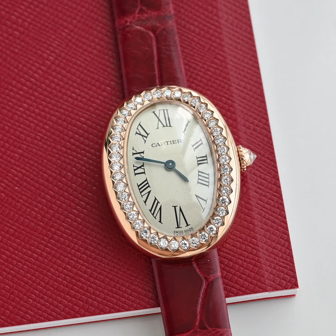 Style 2 Rose gold watch case paired with a red alligator leather — photographed off the sweep