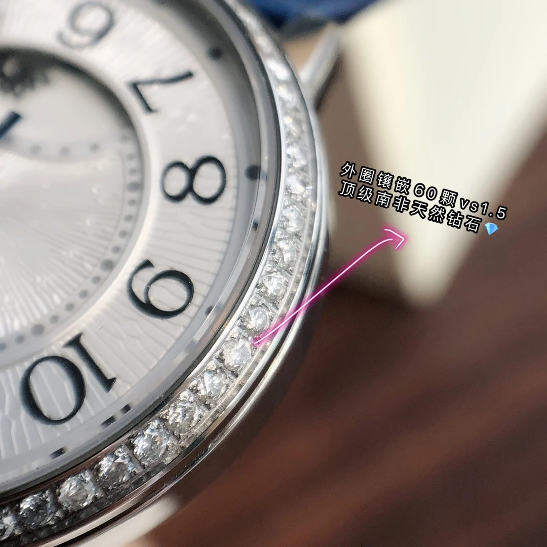The bezel is set with 60 VS1.5 top-grade South African natural — photographed off the sweep