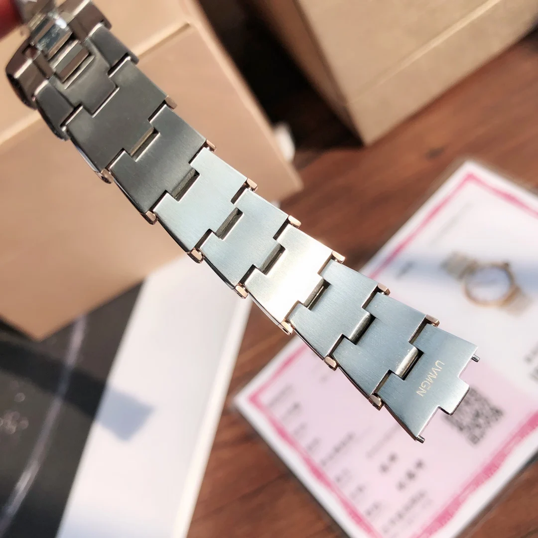 The LVCEA watch features a uniquely designed bracelet — photographed off the sweep