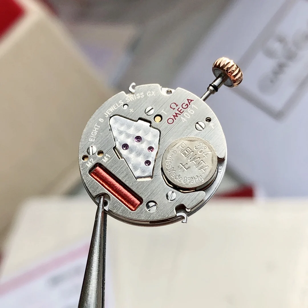 This watch uses a genuine Swiss Omega Cal. 4061 movement, not — photographed off the sweep