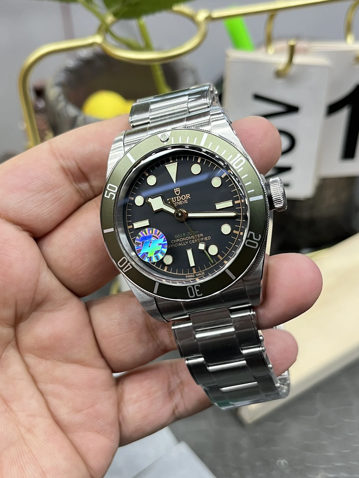 Tudor Black Bay Green Dial — photographed off the sweep