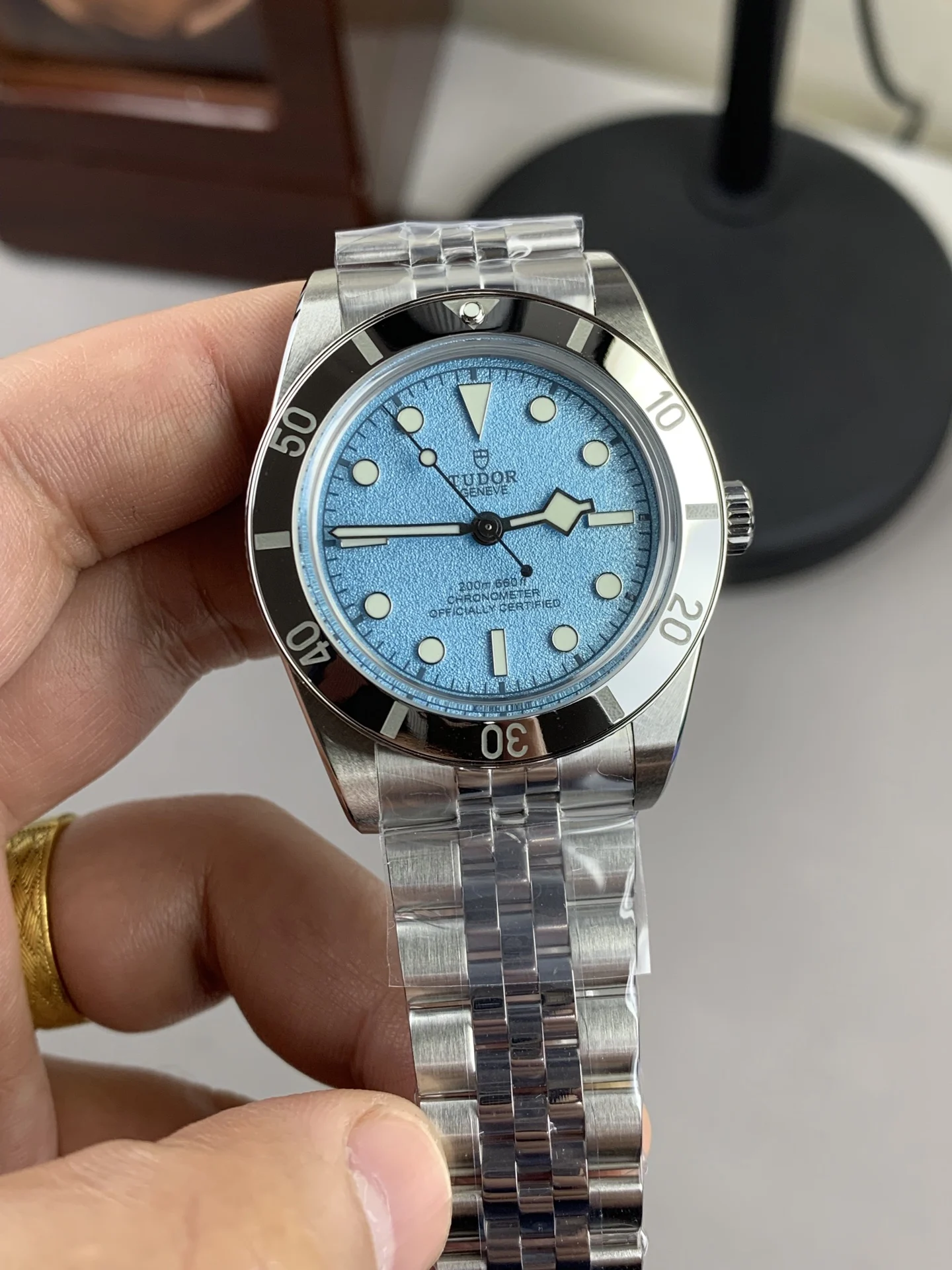 Tudor Black Bay Tiffany Blue Dial 37mm — photographed off the sweep