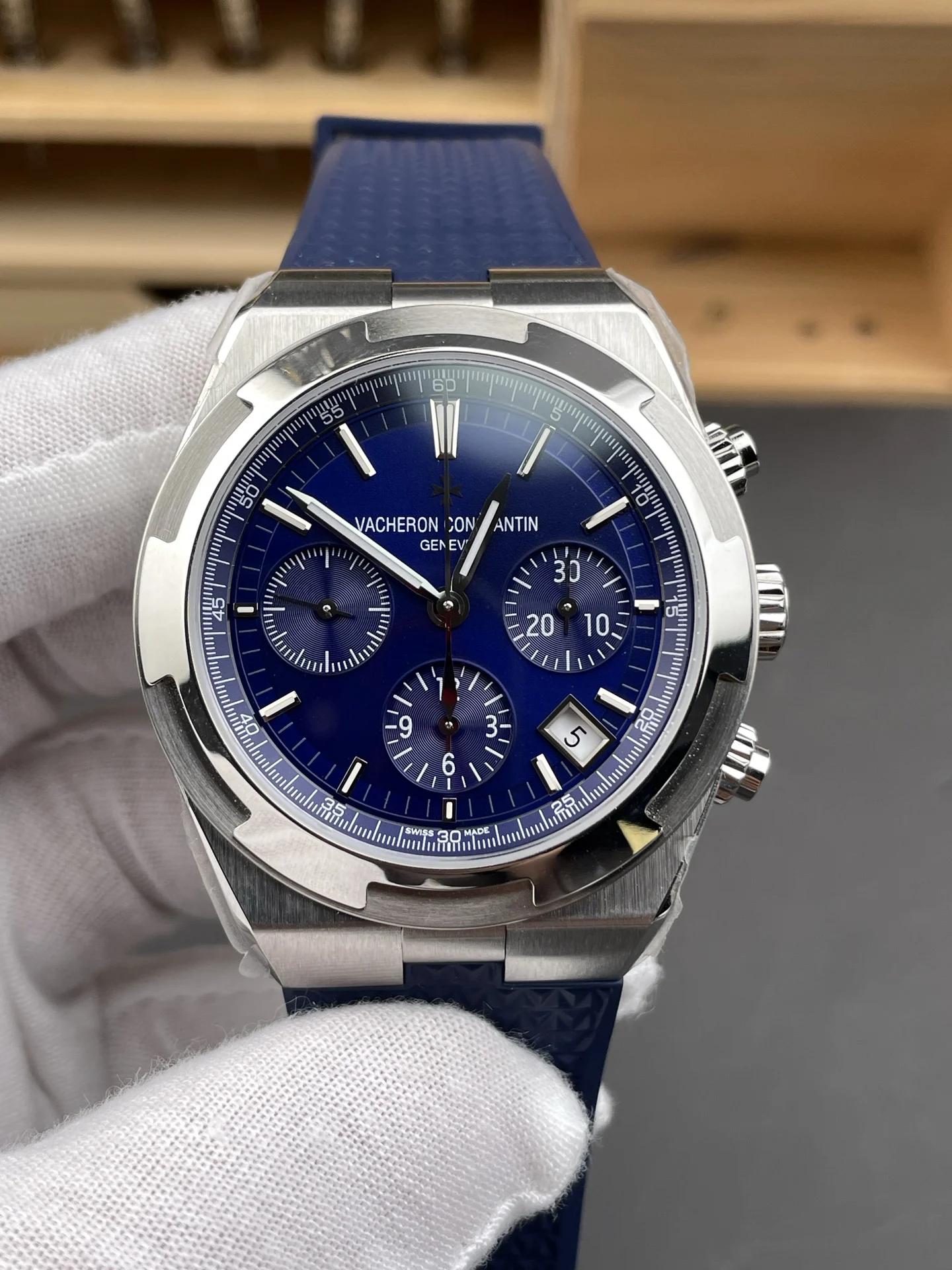 Vacheron Constantin Overseas Blue Dial 42mm — photographed off the sweep