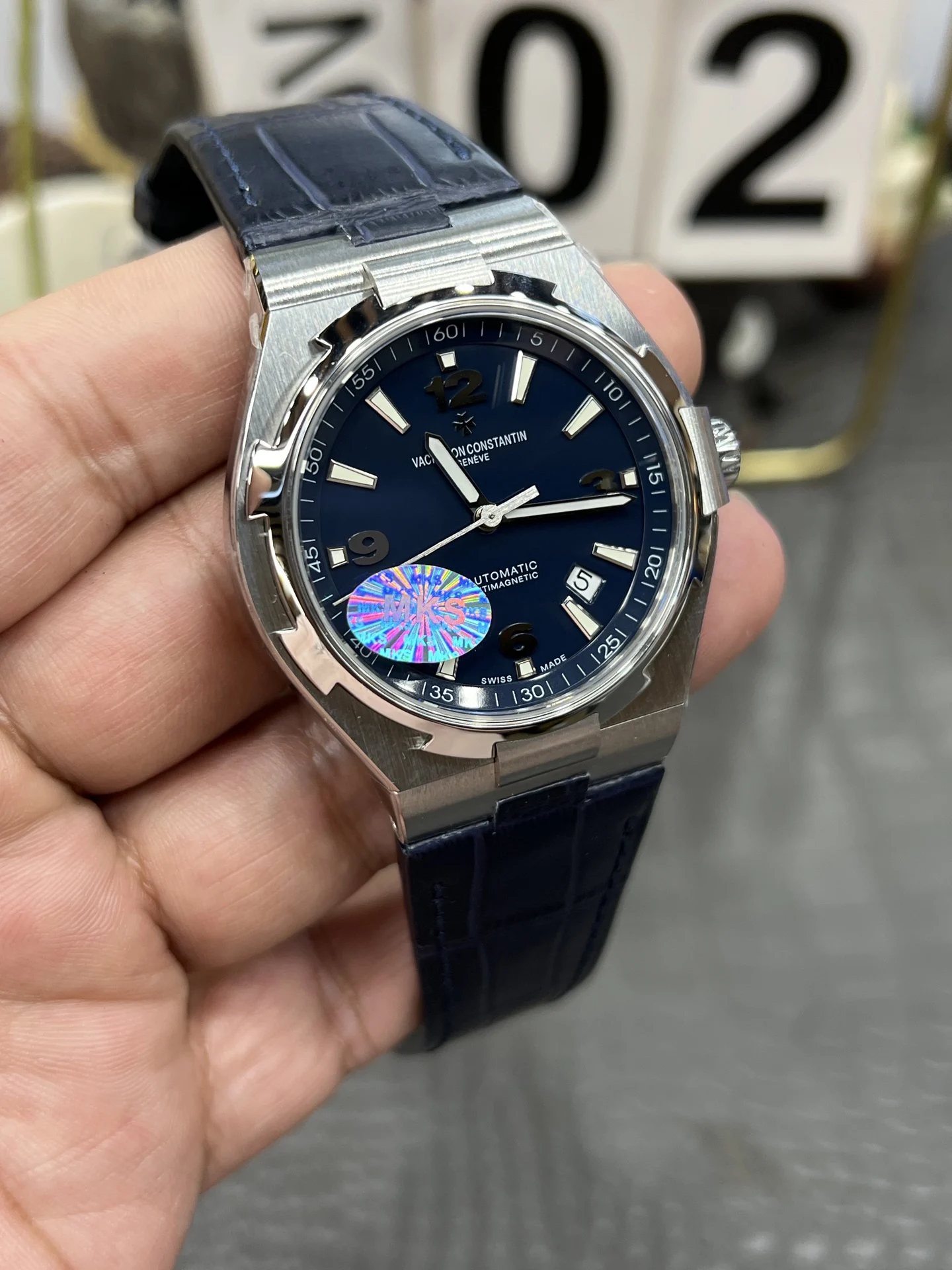 Vacheron Constantin Overseas Blue Dial 42mm — photographed off the sweep