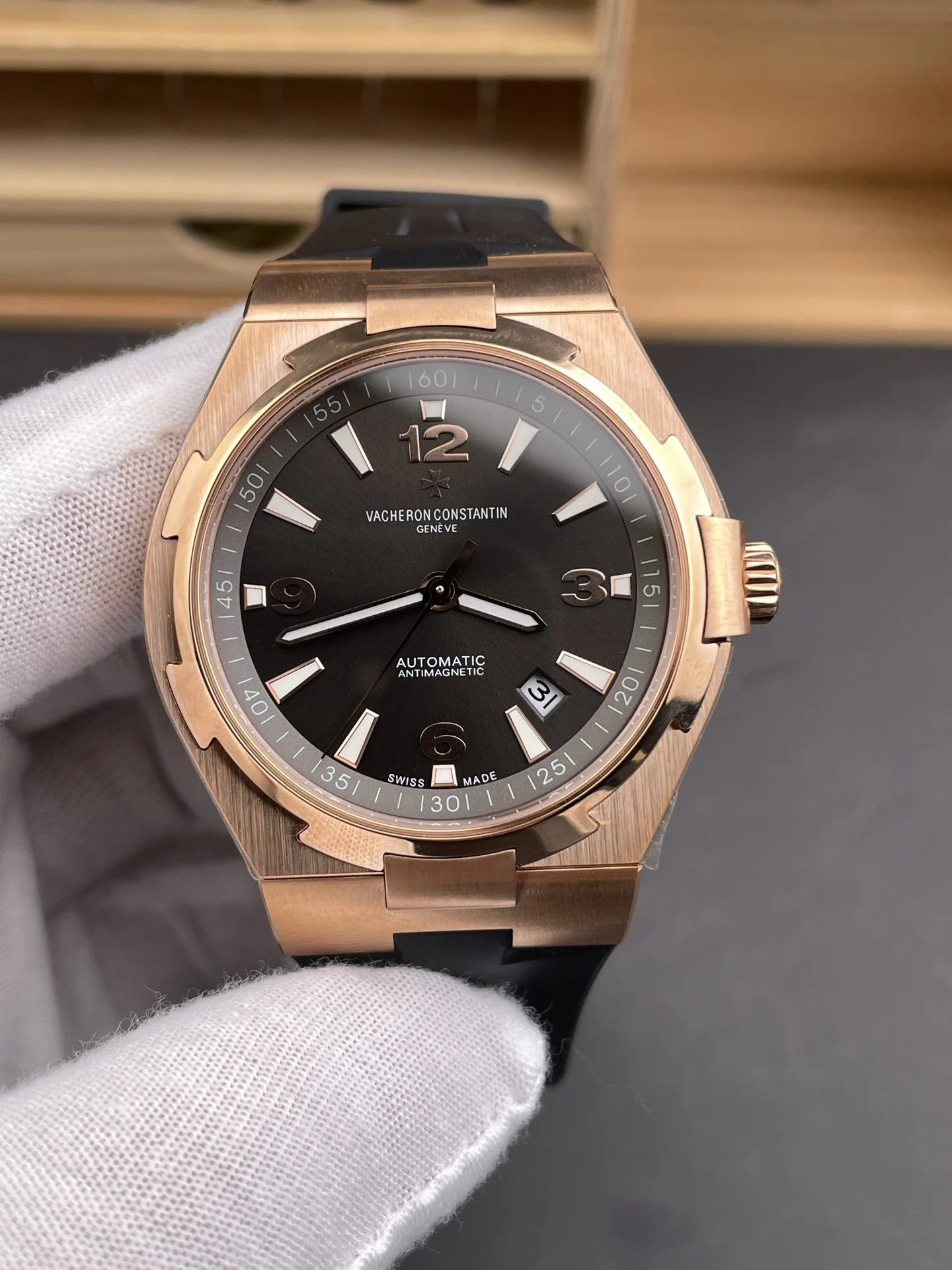 Vacheron Constantin Overseas Rose Gold Black Dial — photographed off the sweep