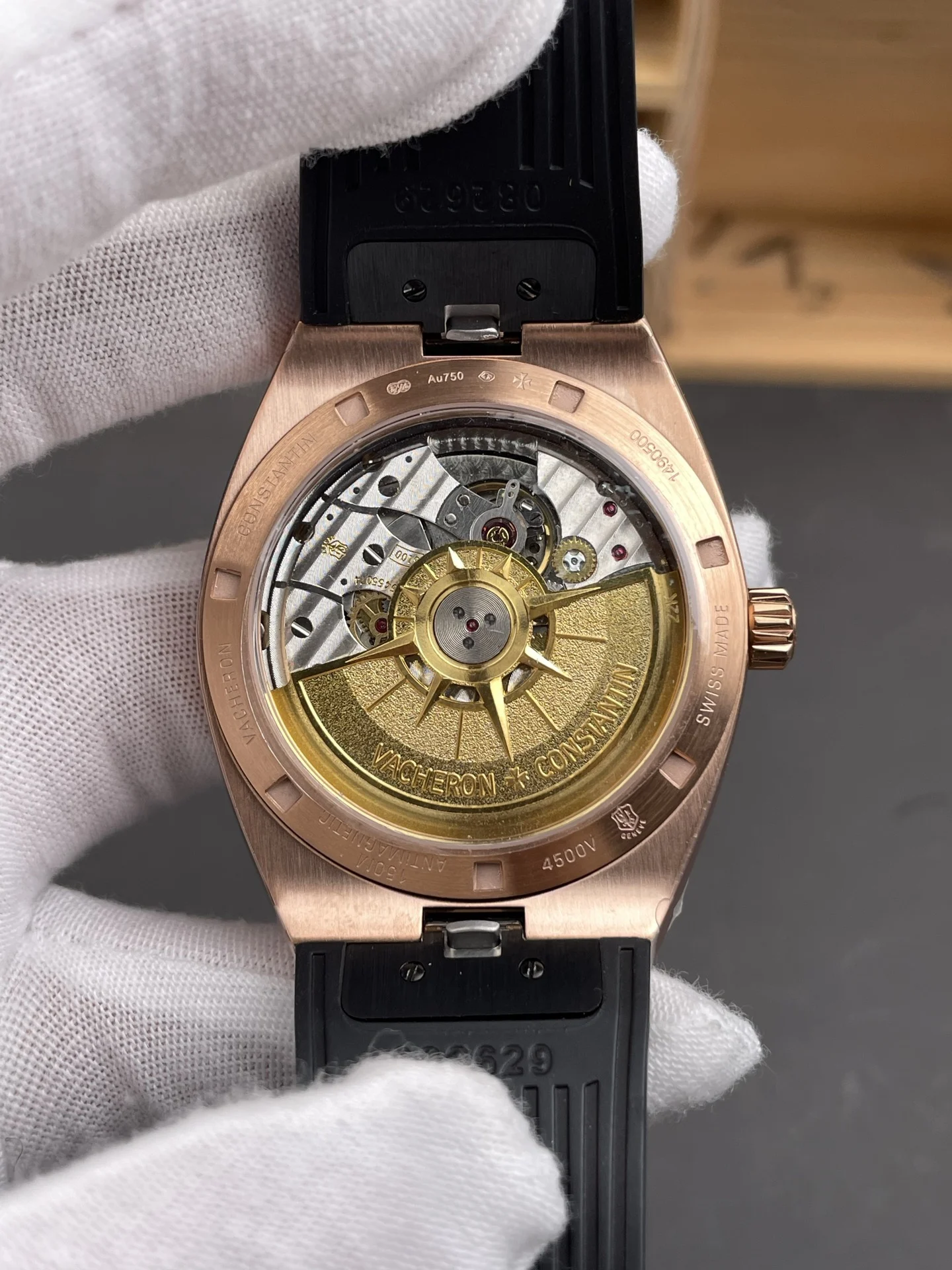 Vacheron Constantin Overseas Rose Gold Silver Dial — photographed off the sweep