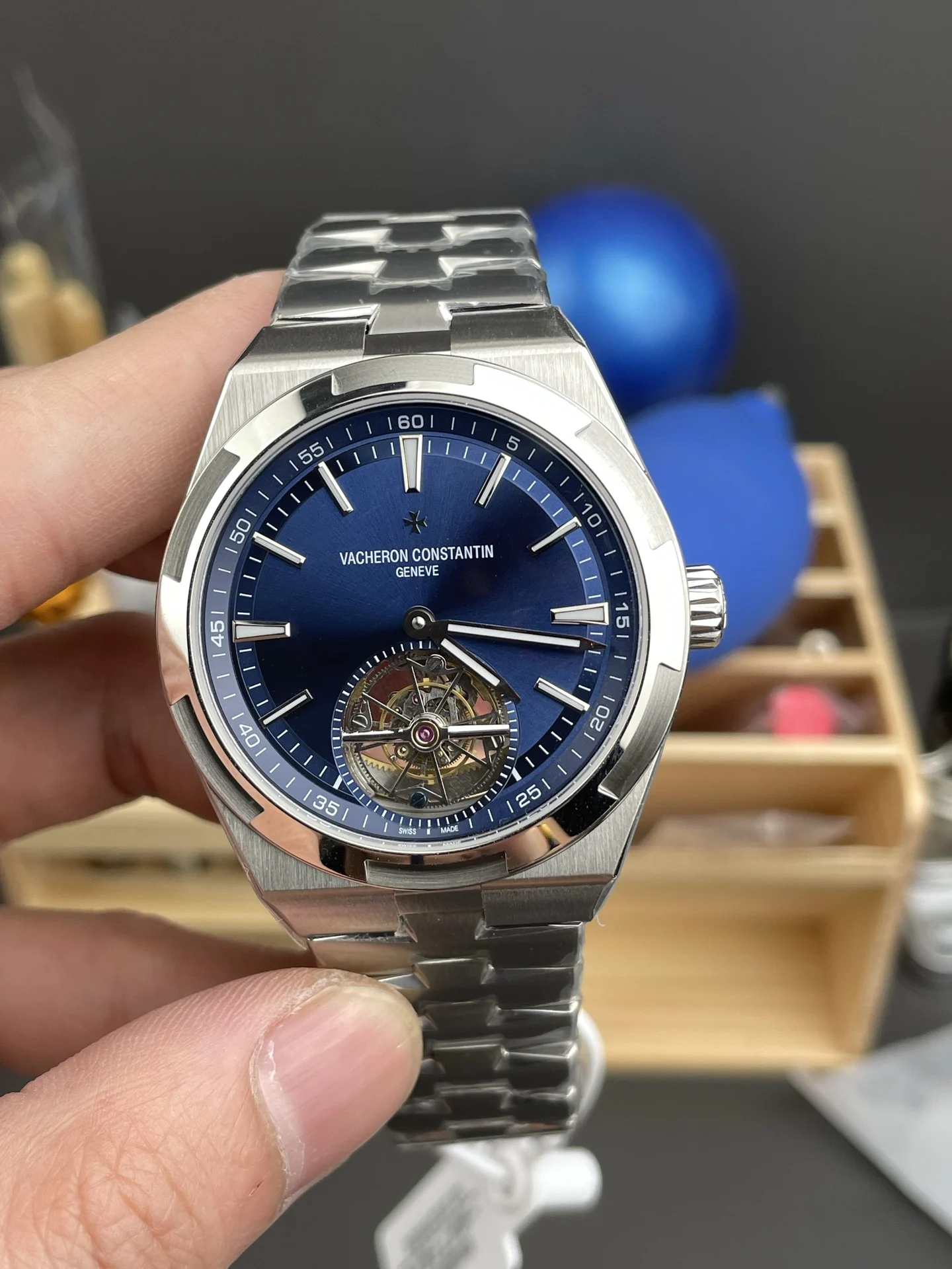 Vacheron Constantin Overseas Tourbillon Blue Dial 42.5mm — photographed off the sweep