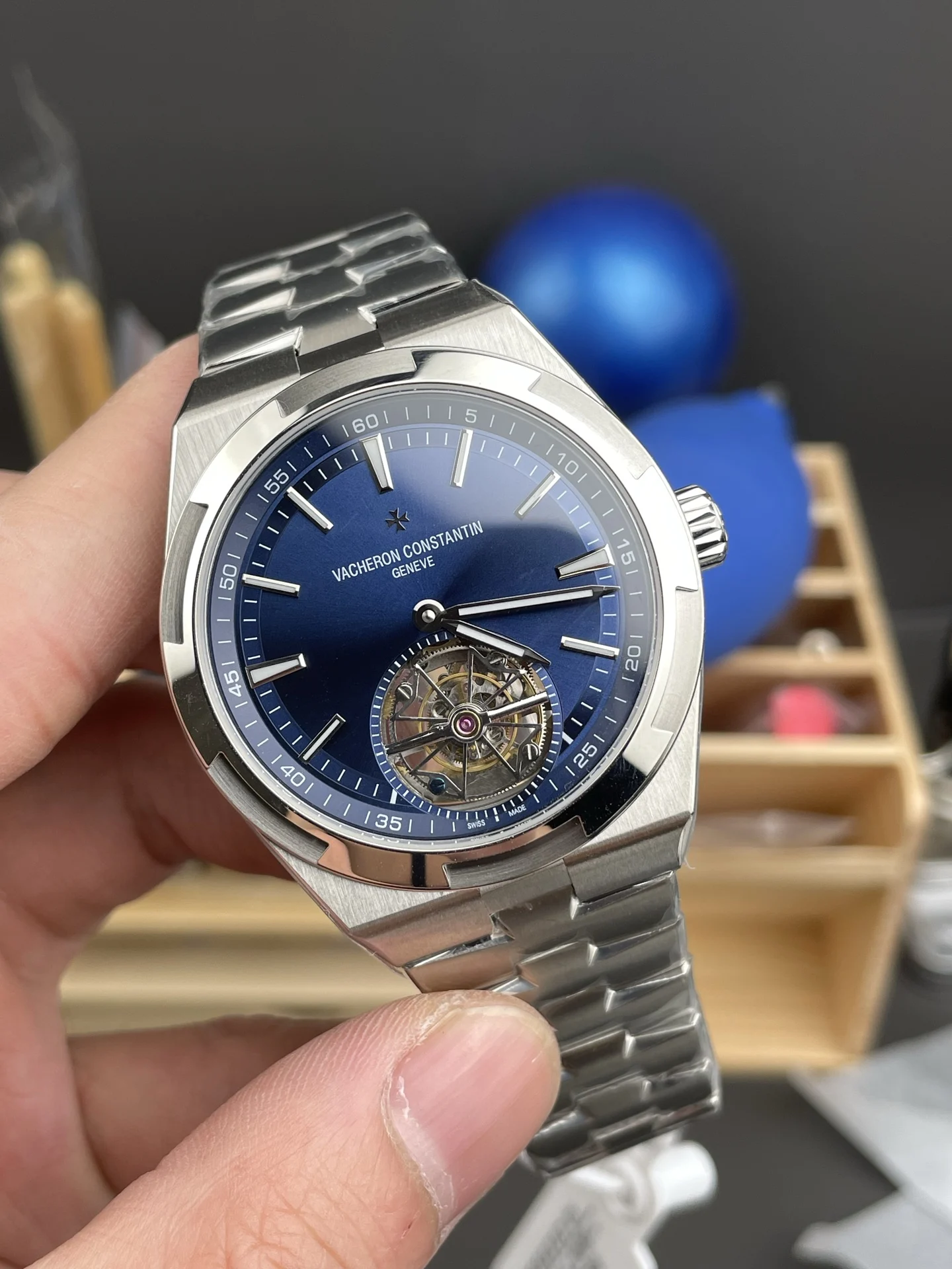 Vacheron Constantin Overseas Tourbillon Blue Dial 42.5mm — photographed off the sweep