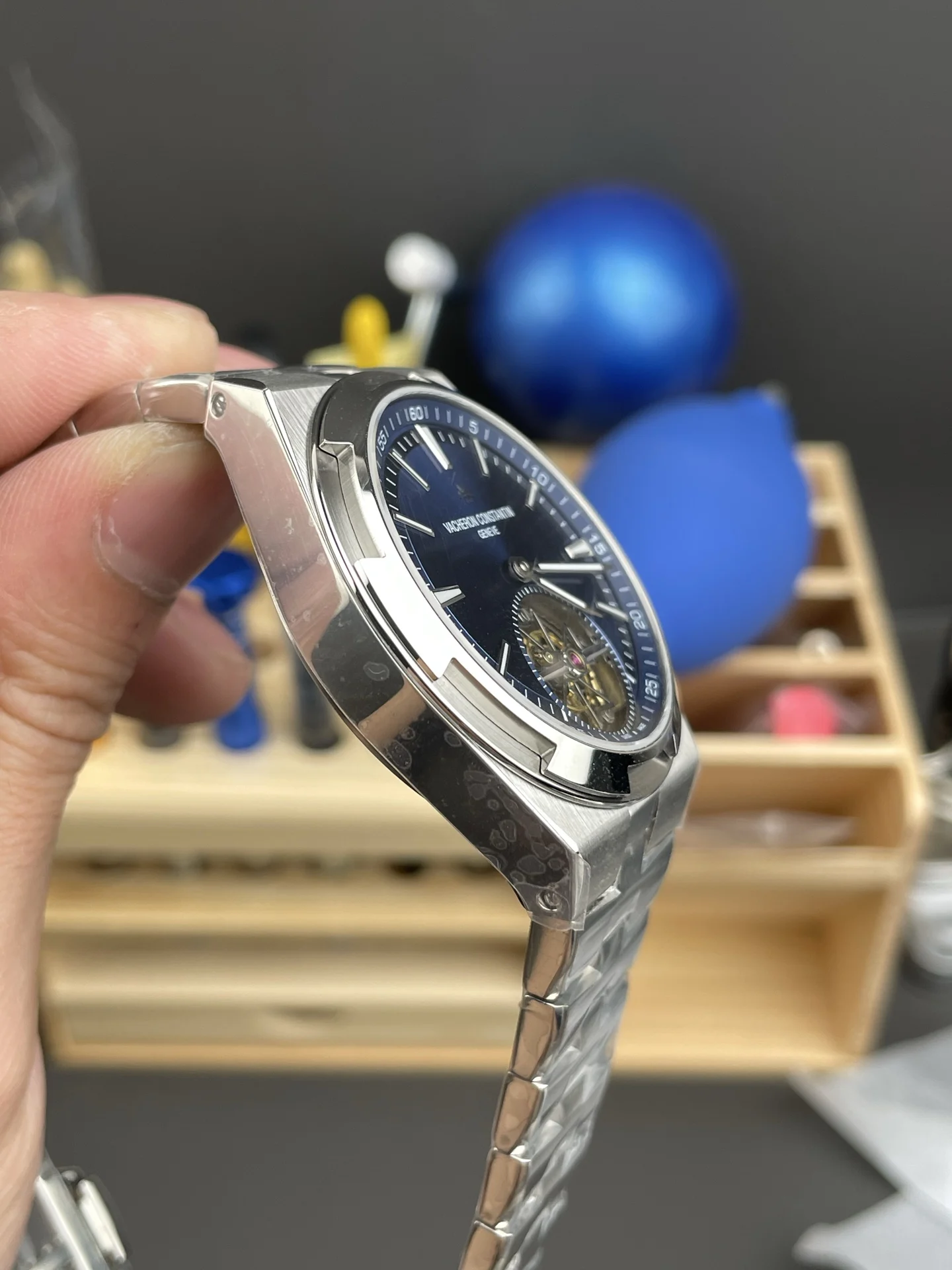 Vacheron Constantin Overseas Tourbillon Blue Dial 42.5mm — photographed off the sweep