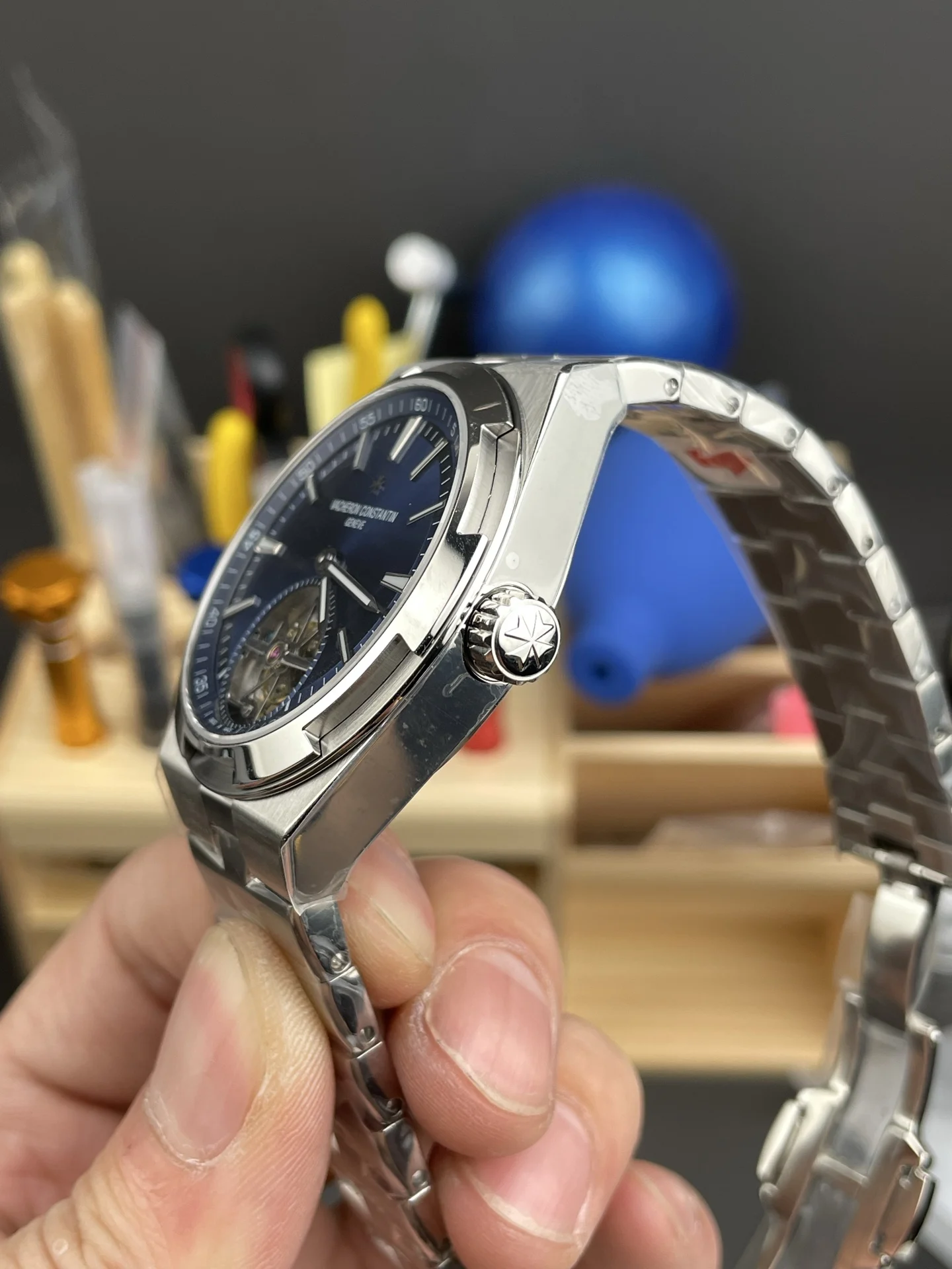 Vacheron Constantin Overseas Tourbillon Blue Dial 42.5mm — photographed off the sweep