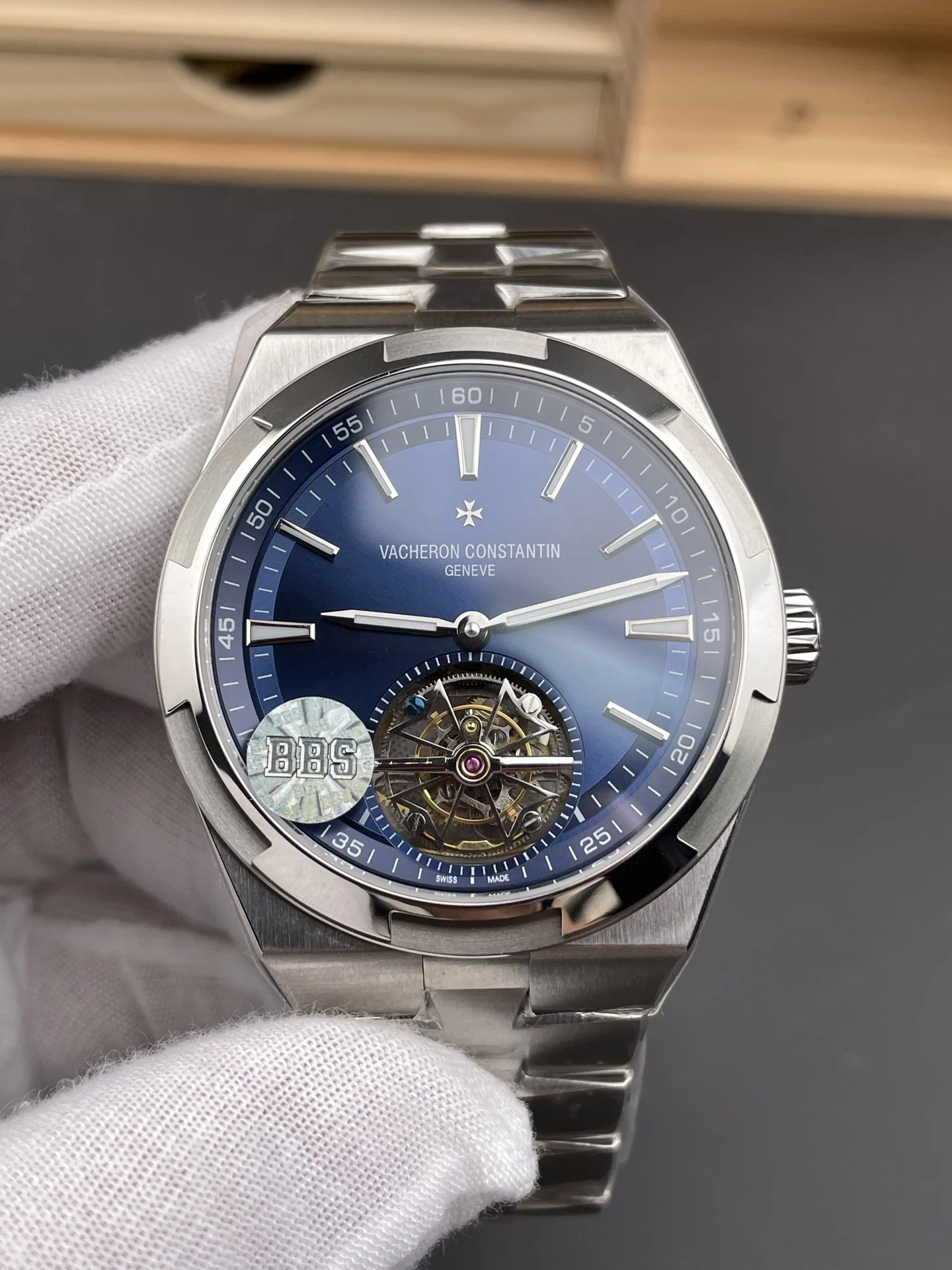 Vacheron Constantin Overseas Tourbillon Blue Dial 42.5mm — photographed off the sweep