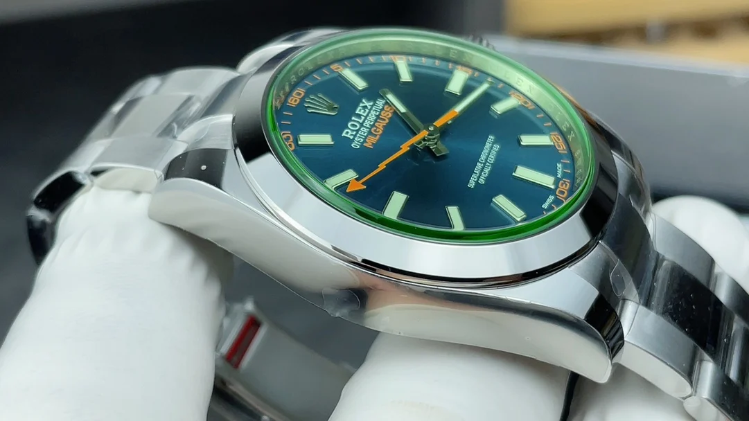 VS Green Glass Lightning Needle Blue Face — photographed off the sweep