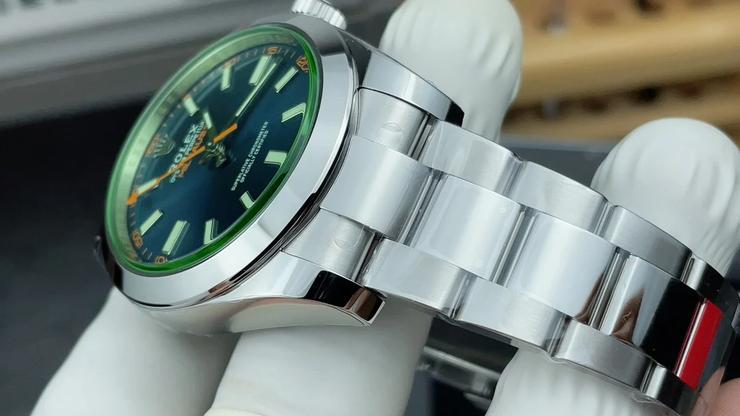 VS Green Glass Lightning Needle Blue Face — photographed off the sweep