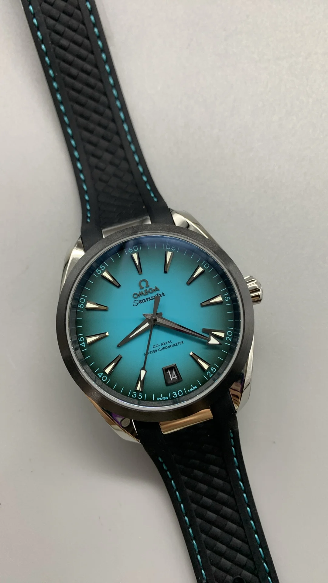 VSF, 41mm, teak and turquoise, rubber strap — photographed off the sweep