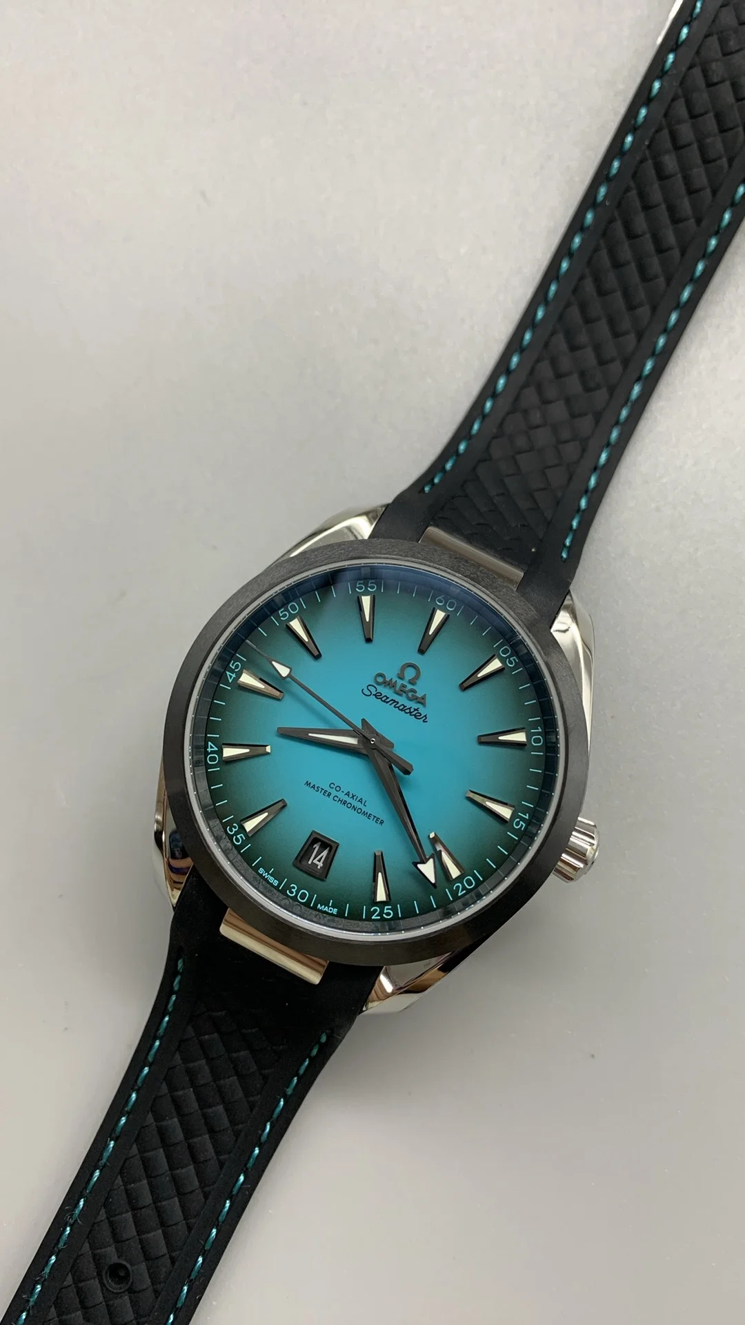 VSF, 41mm, teak and turquoise, rubber strap — photographed off the sweep
