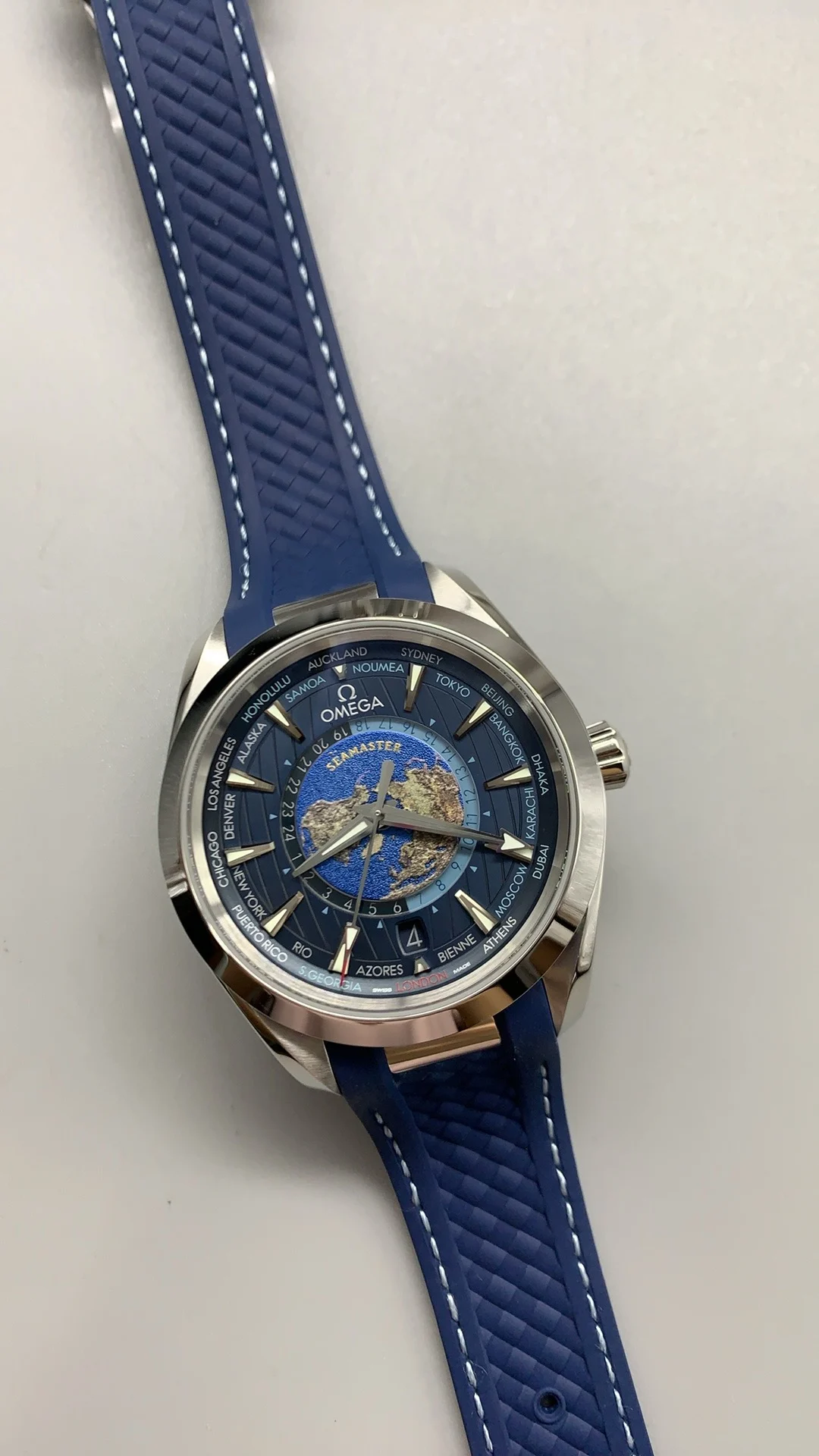 VSF, Blue World, rubber strap style — photographed off the sweep
