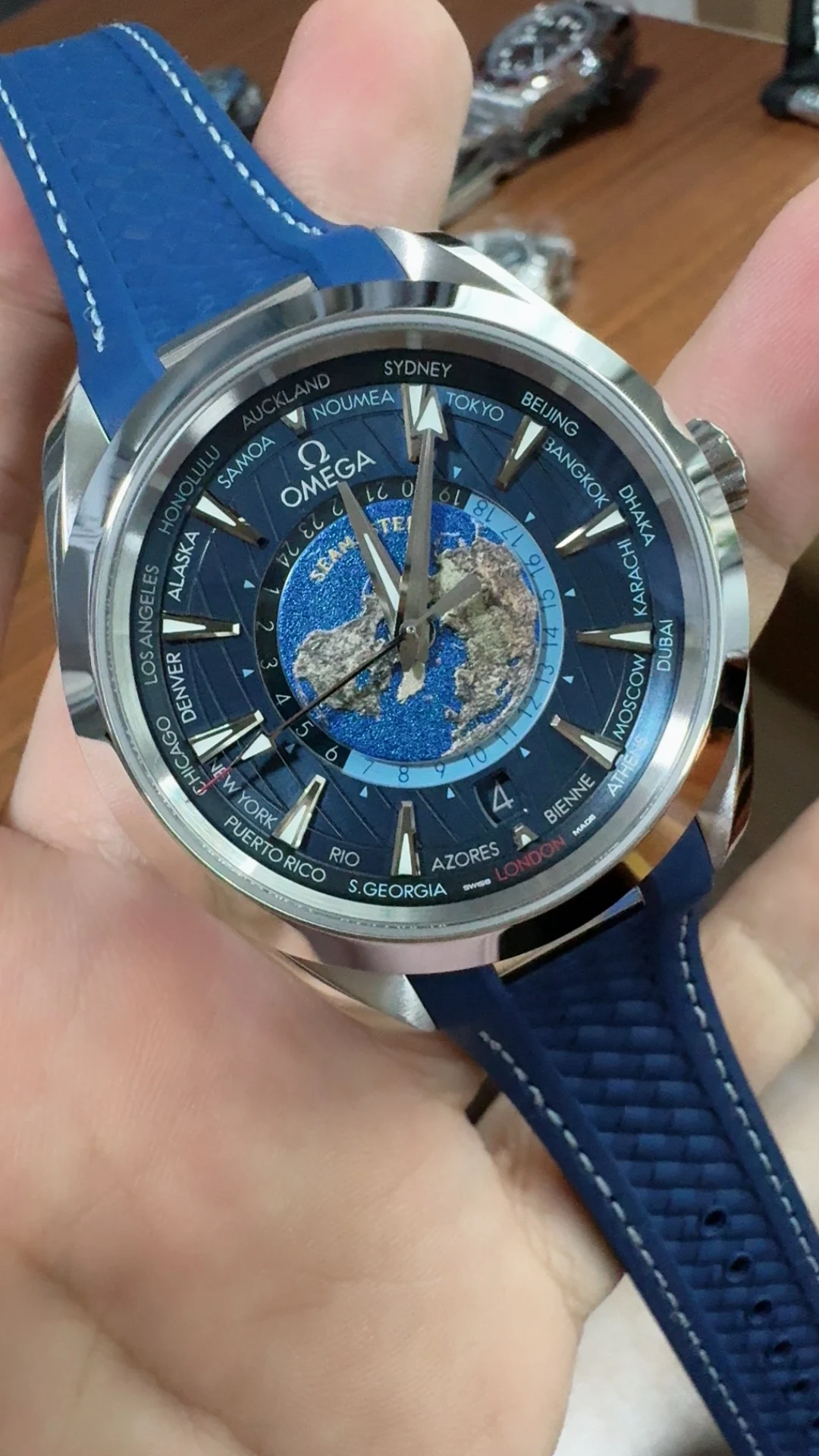 VSF, Blue World, rubber strap style — photographed off the sweep