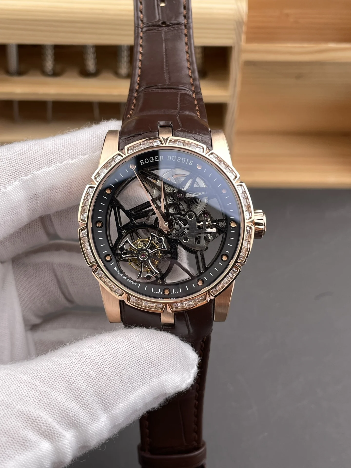 YS Roger Dubuis King Collection Rose Gold Diamond Set Bezel /45mm — photographed off the sweep
