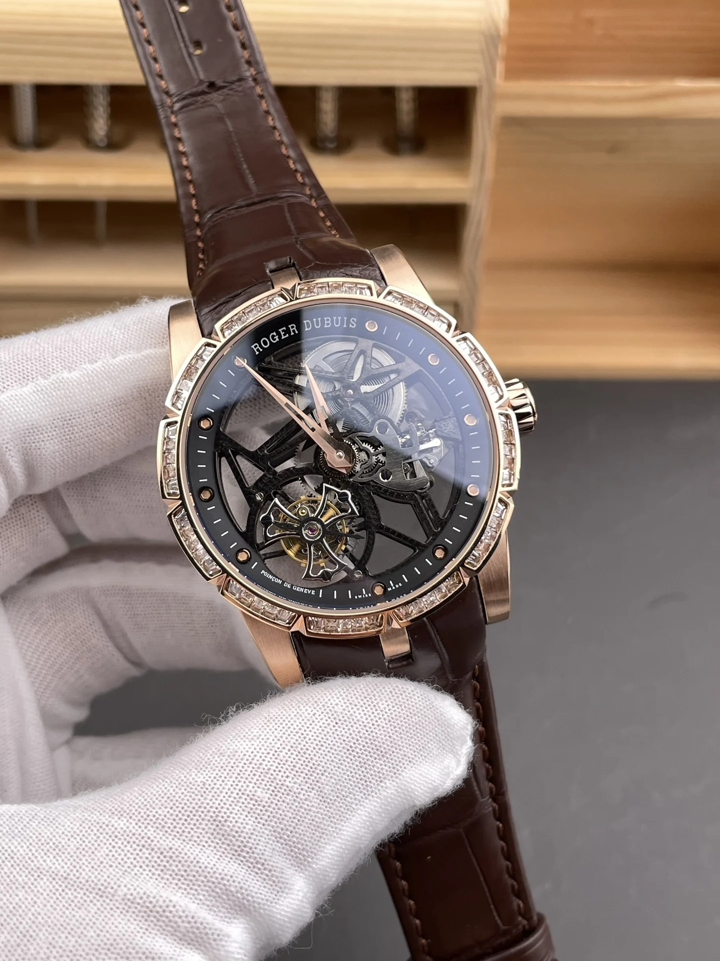 YS Roger Dubuis King Collection Rose Gold Diamond Set Bezel /45mm — photographed off the sweep