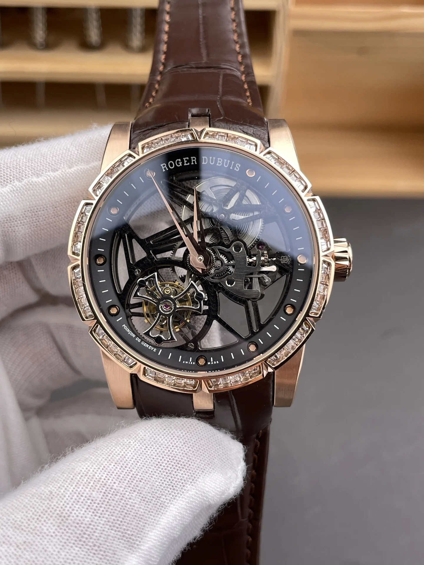 YS Roger Dubuis King Collection Rose Gold Diamond Set Bezel /45mm — photographed off the sweep